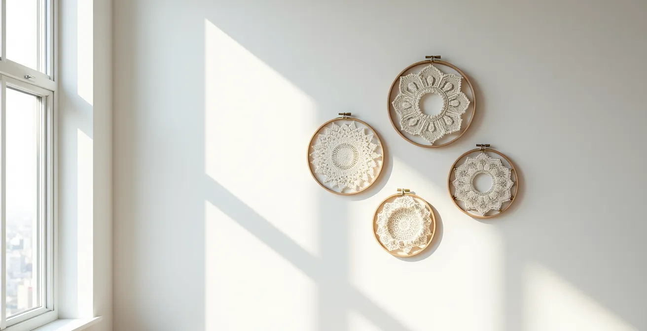 Mur blanc avec une composition artistique de napperons tendus dans des cerceaux à broder dorés