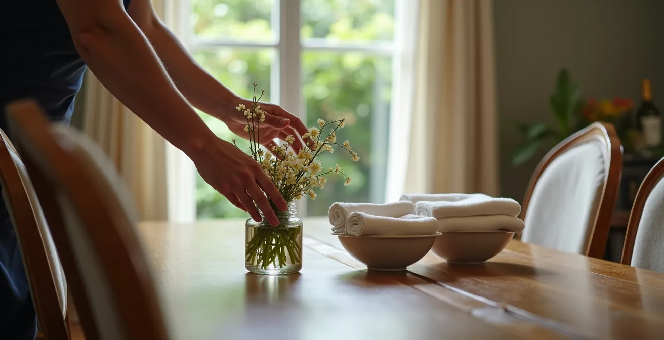 Console élégante servant de station de rangement temporaire pour décorations de table