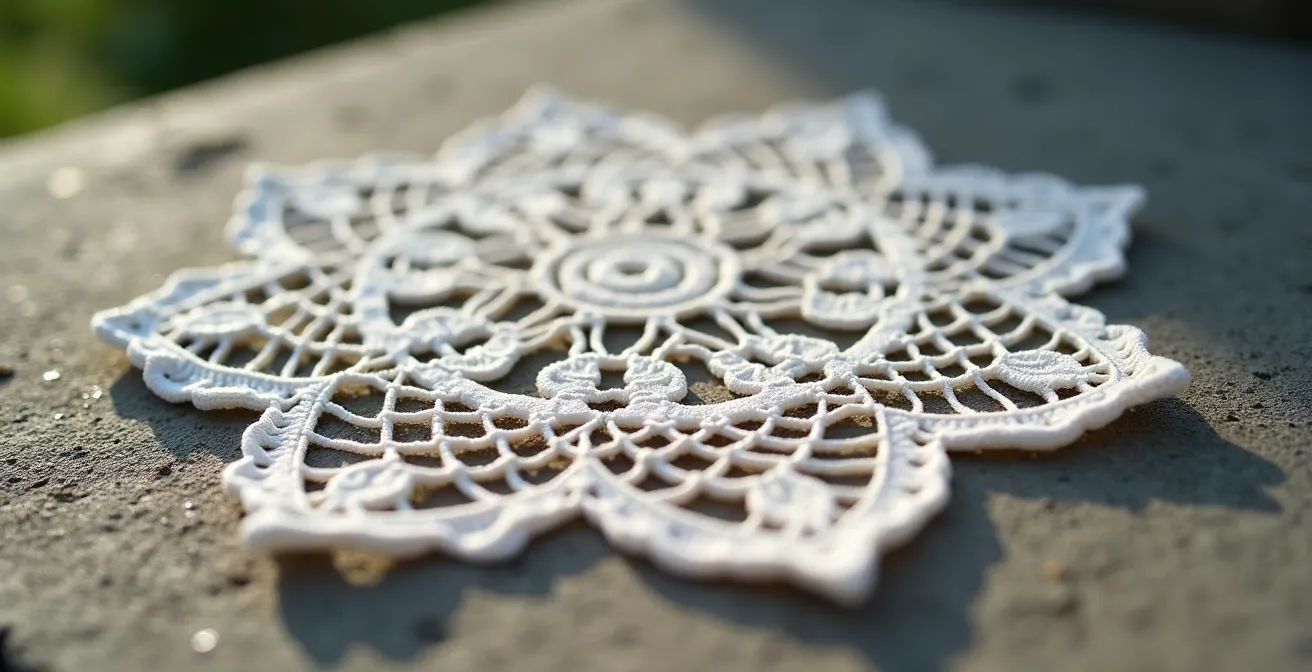 Gros plan macro sur dentelle blanche posée sur une surface en béton brut avec des jeux d'ombres complexes