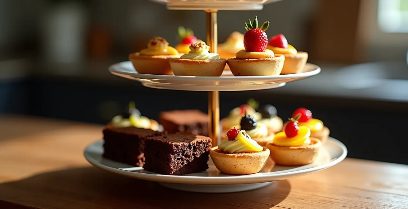 Gros plan sur un présentoir à trois étages montrant la disposition harmonieuse des aliments du plus dense en bas au plus léger en haut