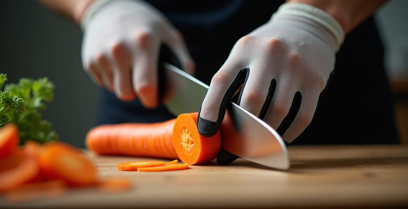 Gros plan sur des mains portant des gants anti-coupure manipulant une mandoline professionnelle