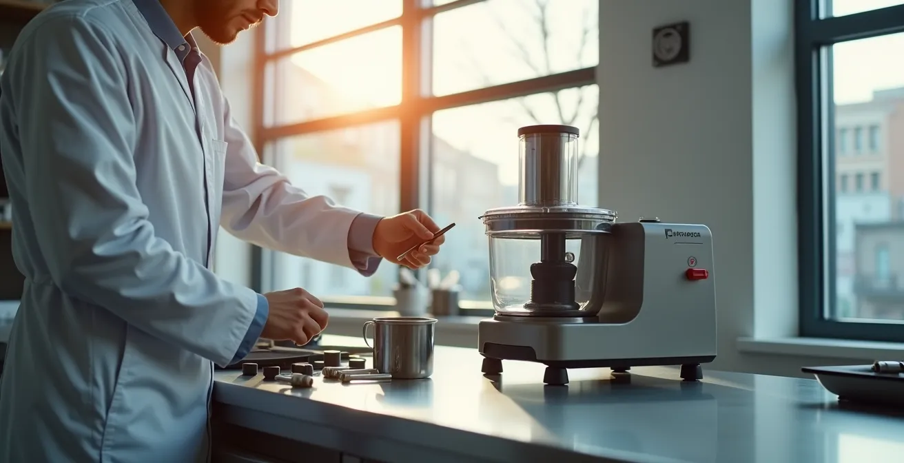 Vue détaillée de l'inspection d'un robot coupe professionnel reconditionné dans un atelier spécialisé