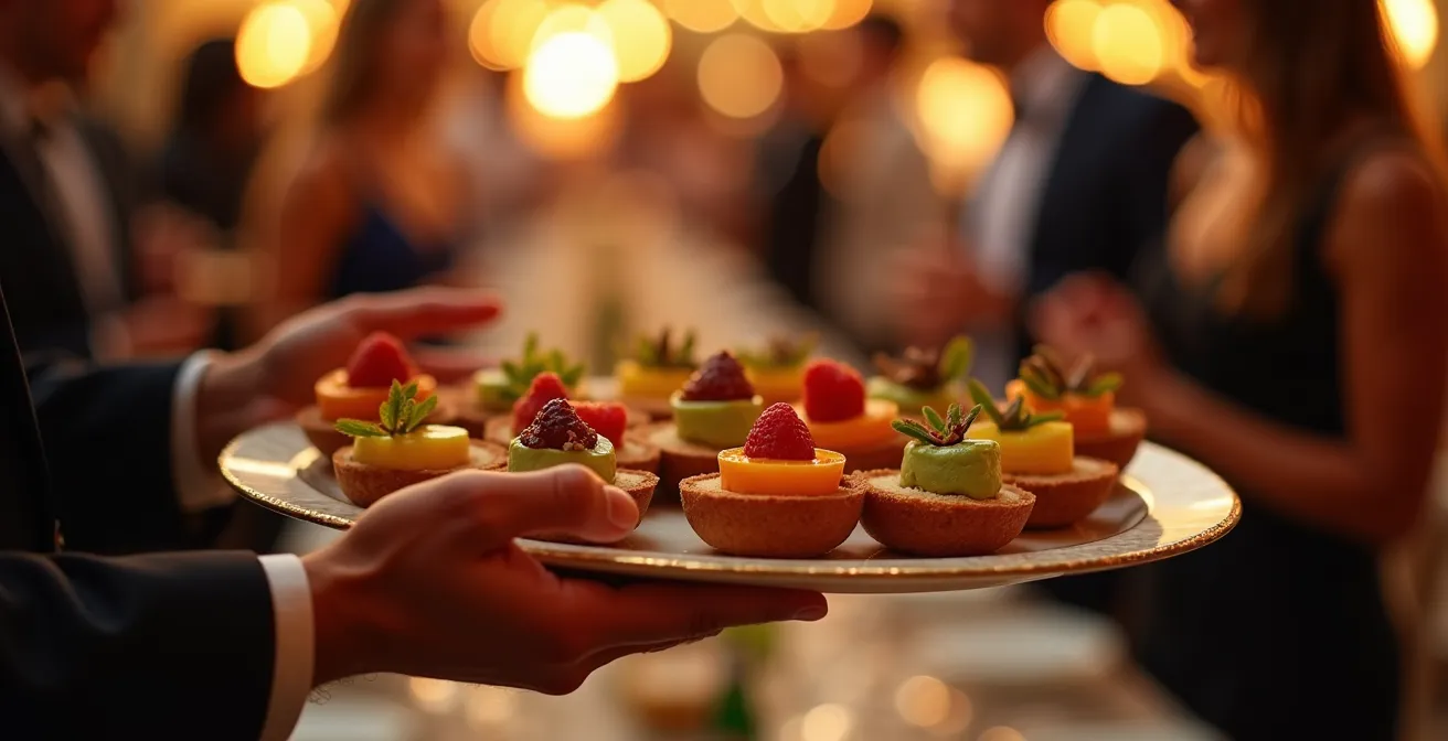 Plateau de service garni pour cocktail avec assortiment de canapés colorés