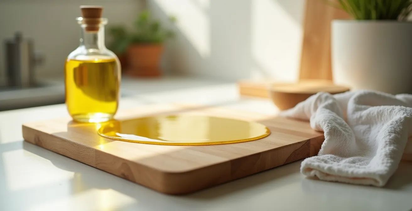 Application d'huile sur une planche à découper en bois avec absorption visible dans les fibres