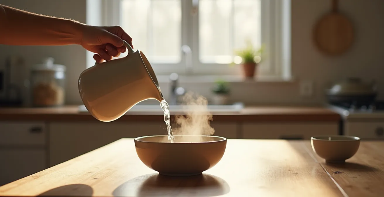 Mains versant délicatement de l'eau chaude dans un bol en céramique artisanale sur un plan de travail épuré