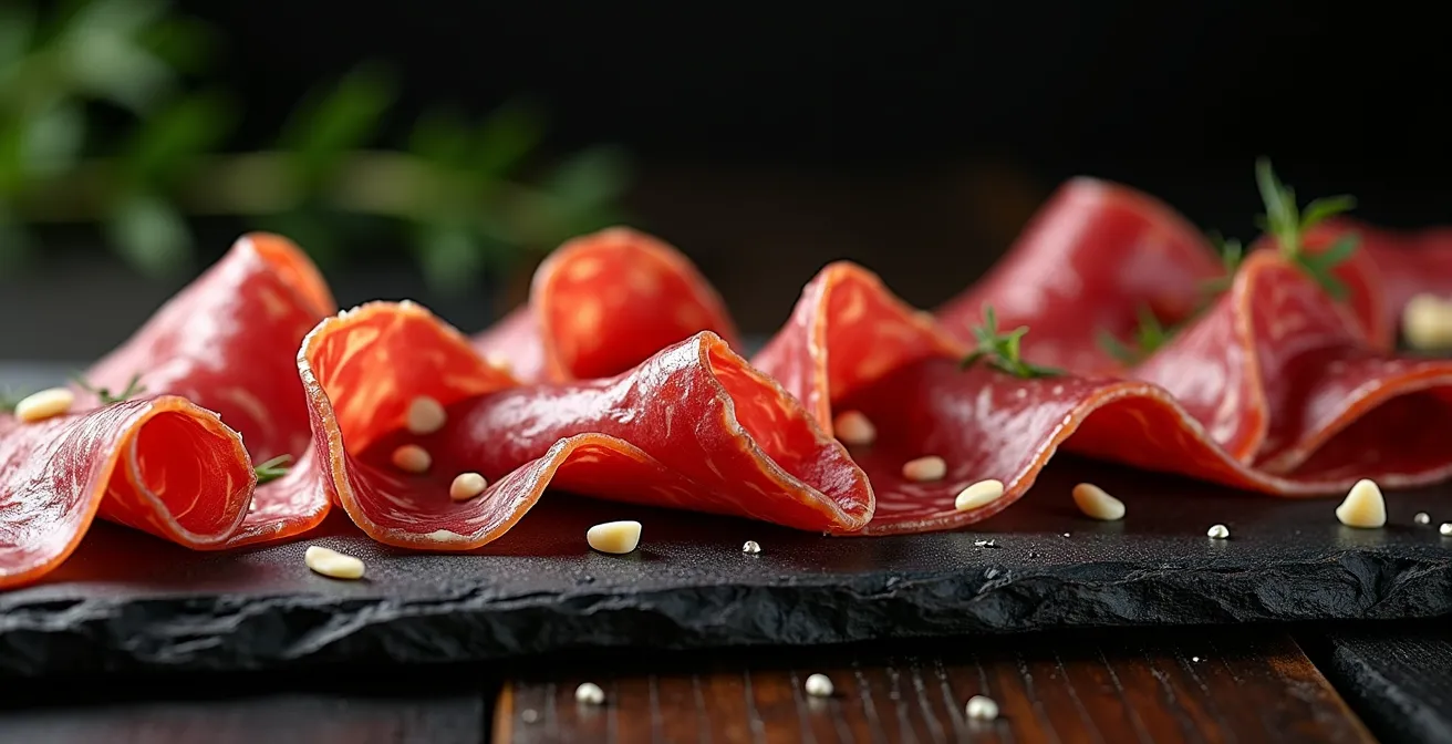 Disposition en rivière de différentes charcuteries sur planche de bois avec espaces négatifs