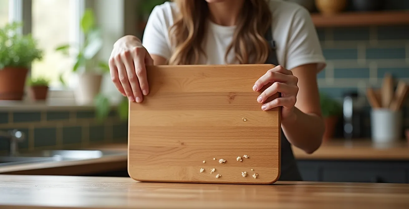 Planche à découper en bois séchant verticalement sur sa tranche dans une cuisine lumineuse