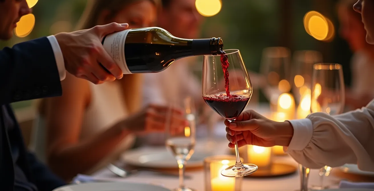 Moment de service du vin entre convives à une table élégante