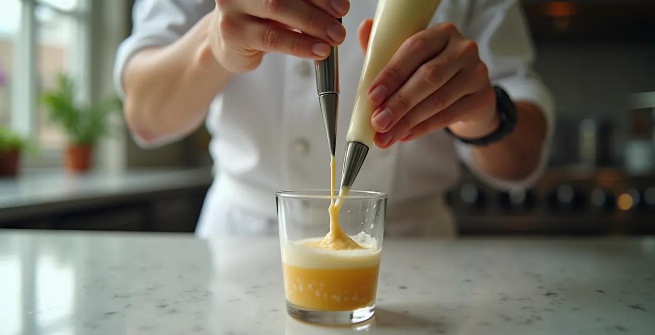 Démonstration de la technique de remplissage d'une verrine avec une poche à douille
