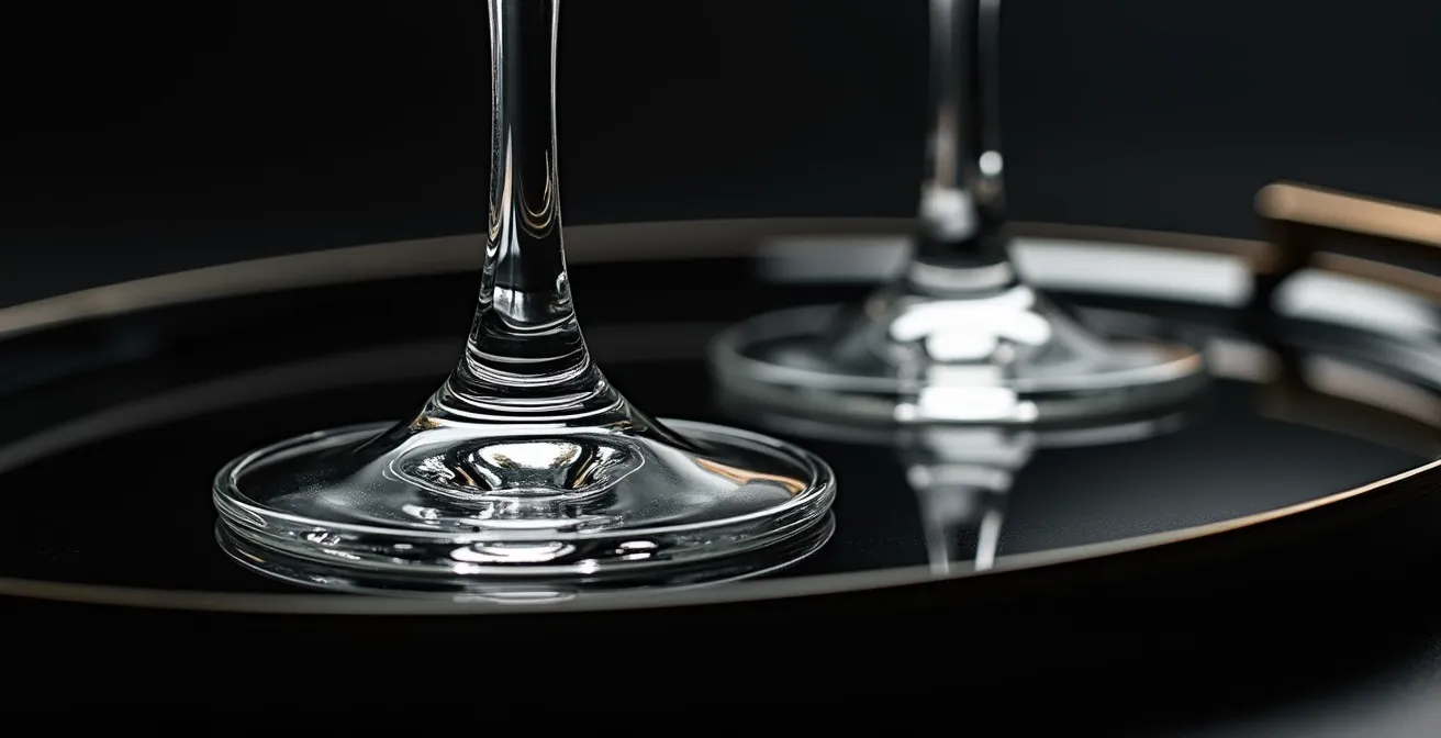 Verres en cristal disposés sur un plateau laqué noir avec reflets subtils